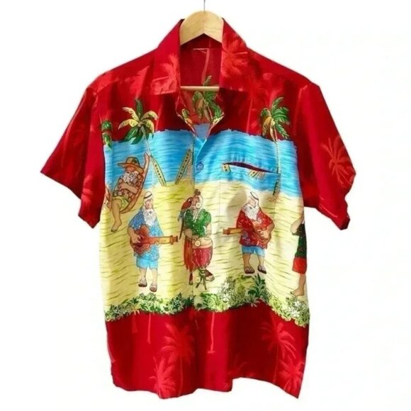 Rima Mens Hawaiian Santa Shirt Short Sleeve Button Front Red Blue Yellow Medium - Picture 1 of 13